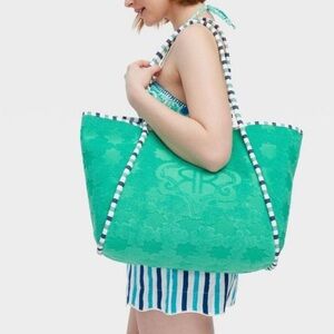New Roller Rabbit Star Geo Large Terry Beach Tote Bag Green